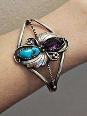 Vintage Navajo Eleanor Largo Sterling Silver Amethyst & Turquoise Cuff Bracelet